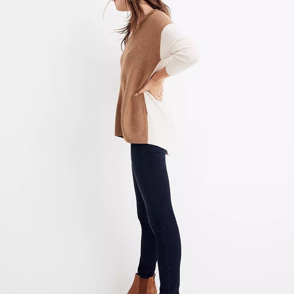 MADEWELL Oversized Colorblock Cream and Tan Merino Kimball Pullover Sweater, XS - Picture 5 of 13